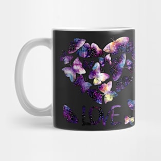 Watercolor Flying Butterflies, Heart and Word Love Mug